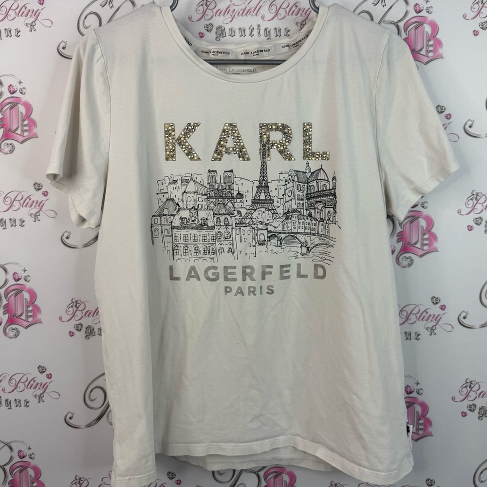 Karl Lagerfeld T-shirt sparkly Paris print travel Signature Tee in Cream